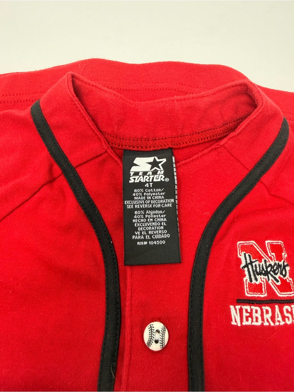 Nebraska Cornhuskers STARTER Red Kids Button-Front Baseball Shirt; 4T